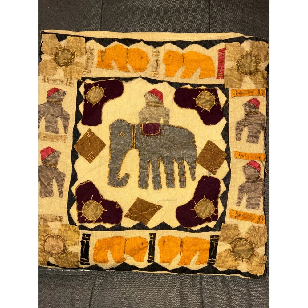 Home made Pillow Cover 16x16 Multi Color Elephant Patchwork Folk Art Decor